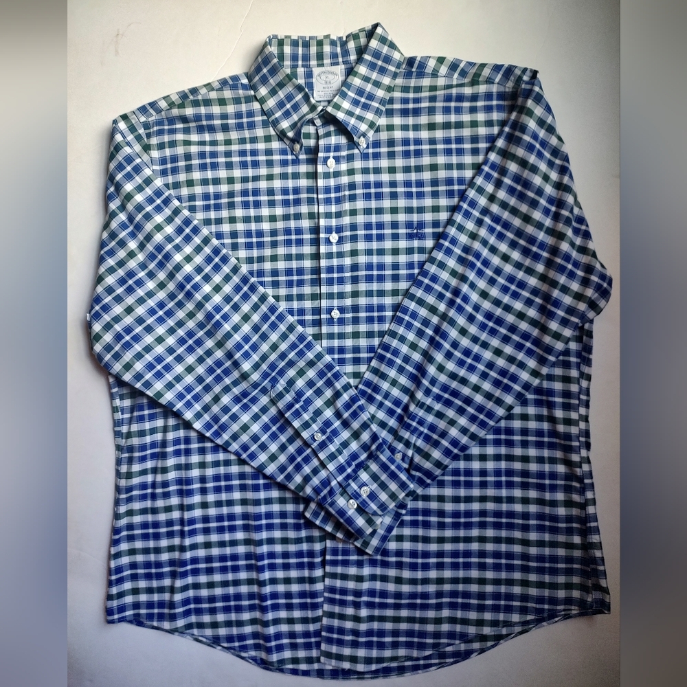 Brooks Brothers REGENT Polo Shirt Checked Green Blue White Men Long Sleeve XL